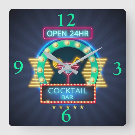Cocktail Bar Neonsign Square Wall Clock Quadratische Wanduhr (Vorderseite)