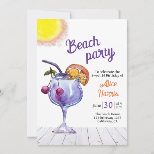 Cocktail Beach Party süß 16 Einladung (Vorderseite)
