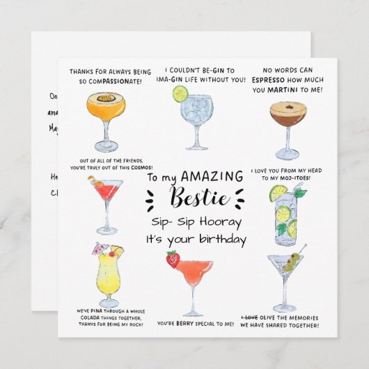 Cocktail Bestie Geburtstagskarte Einladung (Vorne/Hinten)