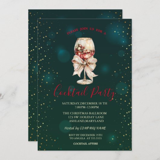 Cocktail Bow Stars Green Christmas Party Einladung (Vorne/Hinten)