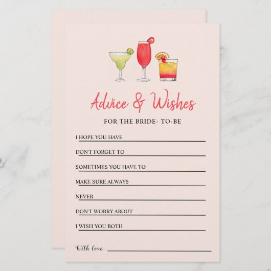 Cocktail-Brautparty-Ratschläge & Wünsche Karte (Vorne/Hinten)