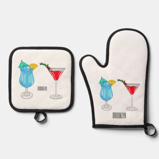 Cocktail-Cartoon Ofenhandschuh & Topflappen-Set (Vorderseite)