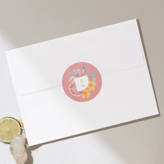Cocktail Citrus Floral Wedding Monogram Runder Aufkleber