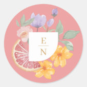 Cocktail Citrus Floral Wedding Monogram Runder Aufkleber (Vorderseite)