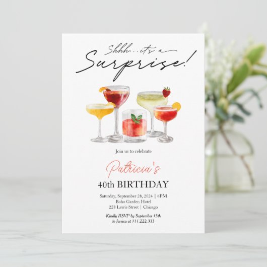 Cocktail Cocktail Überraschung 40. Geburtstag Einladung (Stehend Vorderseite)