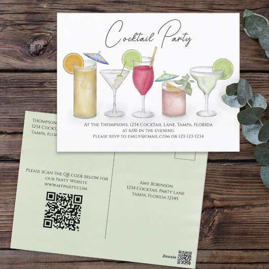 Cocktail Drink QR Code Party Website voradressiert Postkarte