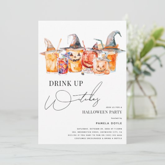 Cocktail "Drink up Hexen" Erwachsenes Halloween-Pa Einladung (Stehend Vorderseite)