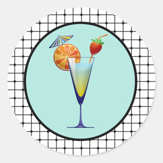 Cocktail Drinks Bar in Türkis mit Grid Design Runder Aufkleber (Vorderseite)