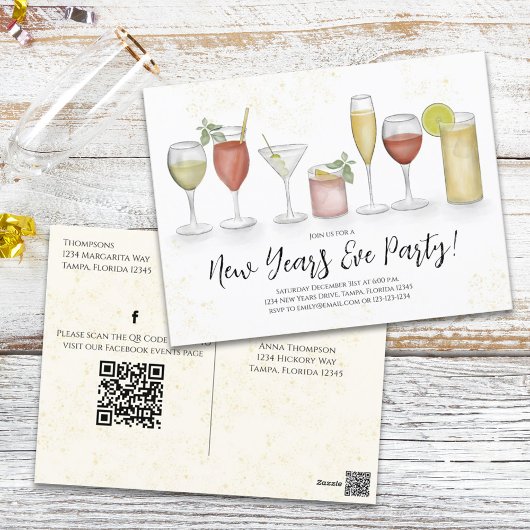 Cocktail Drinks QR-Code im Neujahr voradressiert Postkarte