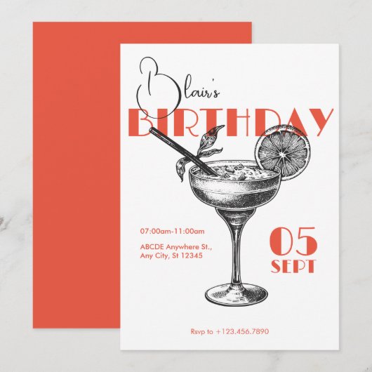 Cocktail Geburtstagsparty Einladung (Vorne/Hinten)
