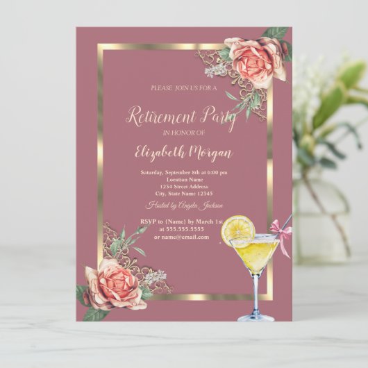 Cocktail Lemon Blumenrahmen Rose Ruhestand Einladung (Stehend Vorderseite)