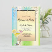 Cocktail Lemon Gold Confetti Green Retirement Einladung (Stehend Vorderseite)