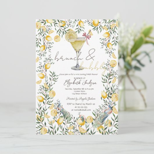 Cocktail Lemons Peacock Brunch Blase Einladung (Stehend Vorderseite)