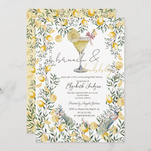 Cocktail Lemons Peacock Brunch Blase Einladung (Vorne/Hinten)