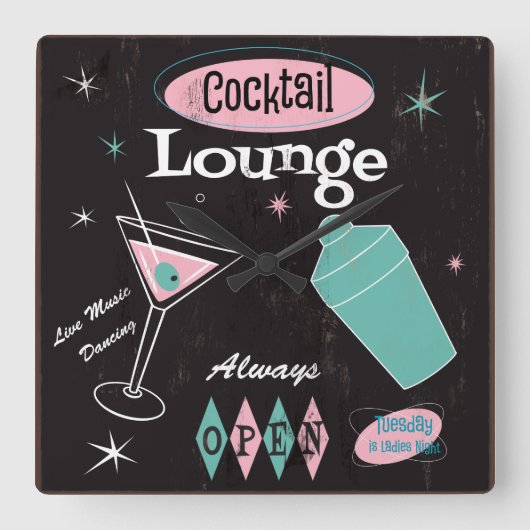 Cocktail Lounge Wall Clock Quadratische Wanduhr (Vorderseite)