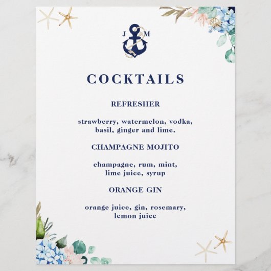 Cocktail-Menü für Hochzeitscocktails in der Marine (Vorderseite)