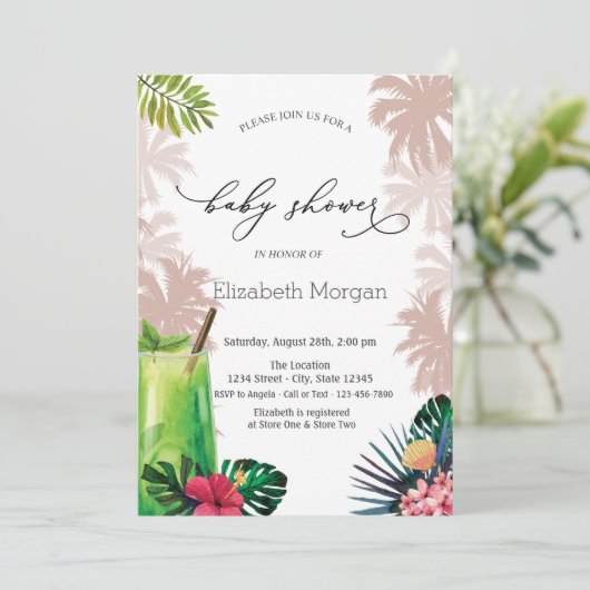 Cocktail, Palm, Glitzer Bokeh Baby Dusche Einladung (Stehend Vorderseite)