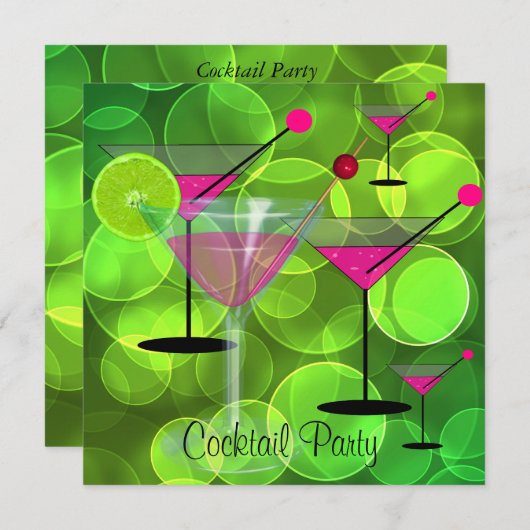 Cocktail Party Blubbles Grün Rosa Einladung (Vorne/Hinten)