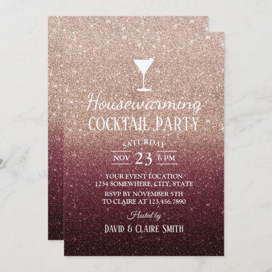 Cocktail Party Burgund Rose Gold Einladung (Vorne/Hinten)