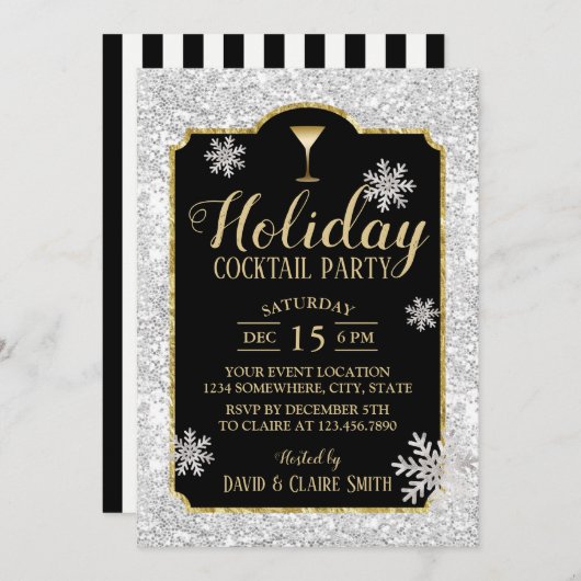 Cocktail Party Snowflakes Modernes Silber Einladung (Vorne/Hinten)