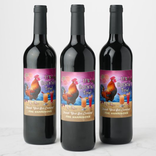 Cocktail Party Tropischer Rooster Funny Birthday Weinetikett (Flaschen)