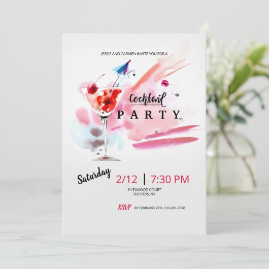 Cocktail Party Wasserfarben Einladung (Stehend Vorderseite)