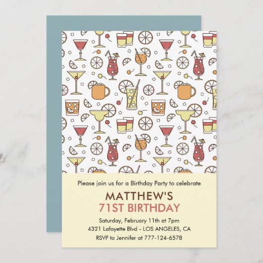 Cocktail Pattern Retro Champagner 71. Geburtstag Einladung (Vorne/Hinten)