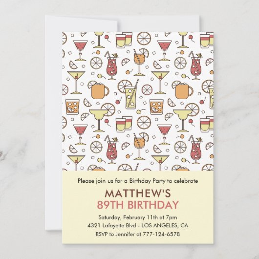 Cocktail Pattern Retro Champagner 89. Geburtstag Einladung (Vorderseite)