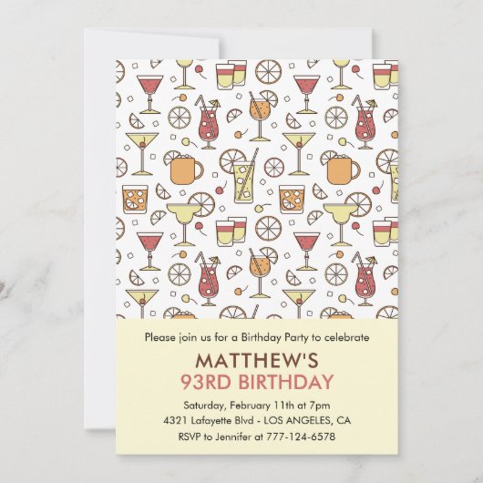 Cocktail Pattern Retro Champagner 93. Geburtstag Einladung (Vorderseite)