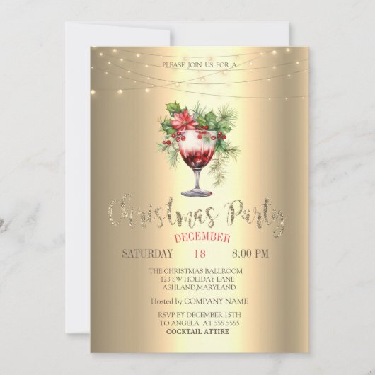  Cocktail Poinsettia String Lights Gold Christmas  Einladung (Vorderseite)