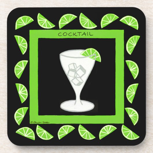Cocktail Retro Drink Art Green Limes auf schwarz Getränkeuntersetzer (Vorderseite)