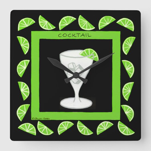 Cocktail Retro Drink Green Limes auf schwarz Quadratische Wanduhr (Vorderseite)
