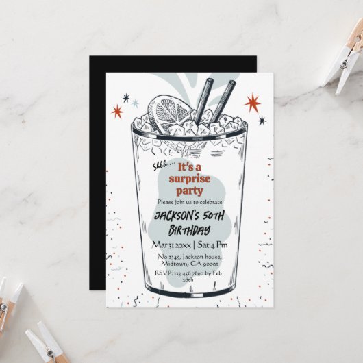Cocktail Retro Drink Thema 50. Überraschung Geburt Einladung (Vorderseite/Rückseite Beispiel)