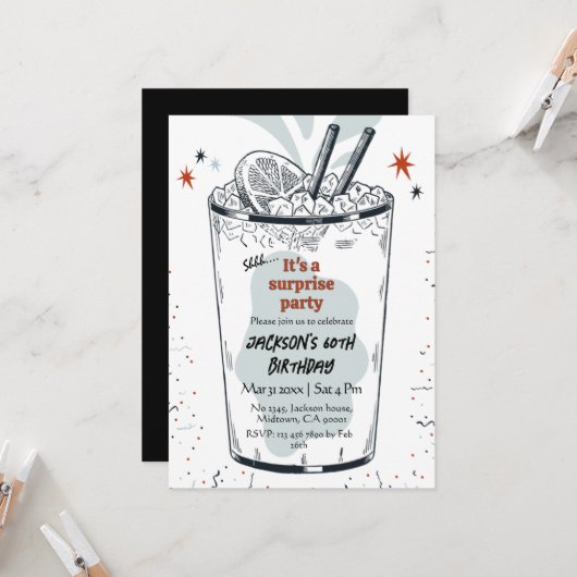 Cocktail Retro Drink Thema 60. Überraschung Geburt Einladung (Vorderseite/Rückseite Beispiel)