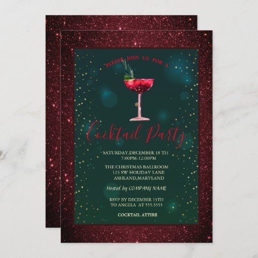 Cocktail, Roter Glitzer Einladung (Vorne/Hinten)