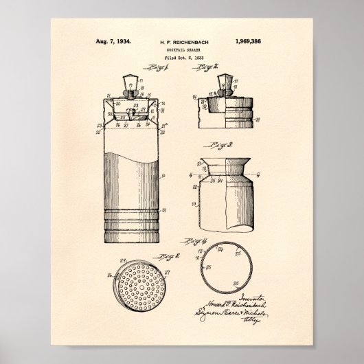 Cocktail Shaker 1934 Patent Art Old Peper Poster (Vorne)