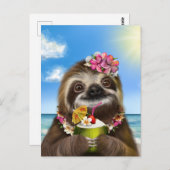 Cocktail Sloth am Strand Postkarte (Vorne/Hinten)