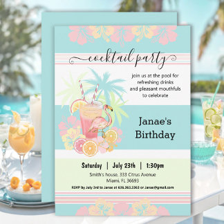 Cocktail Summer Pool Party Blue Pink Tropical Einladung