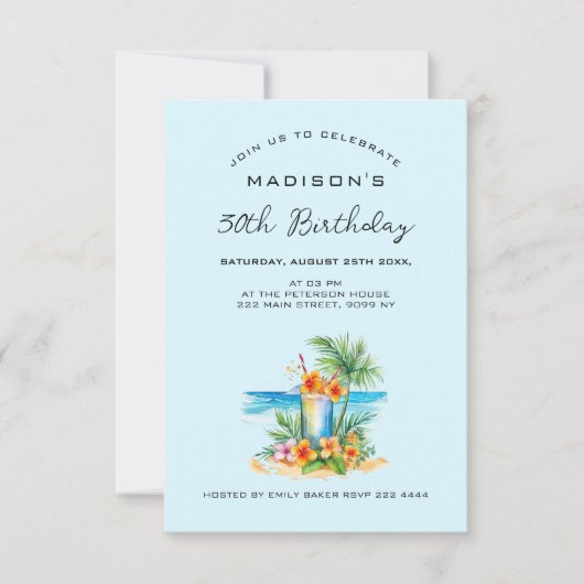 Cocktail und exotische Blume am Blue Birthday Einladung (Vorderseite)