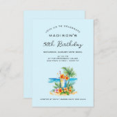 Cocktail und exotische Blume am Blue Birthday Einladung (Vorne/Hinten)