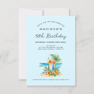 Cocktail und exotische Blume am Blue Birthday Einladung