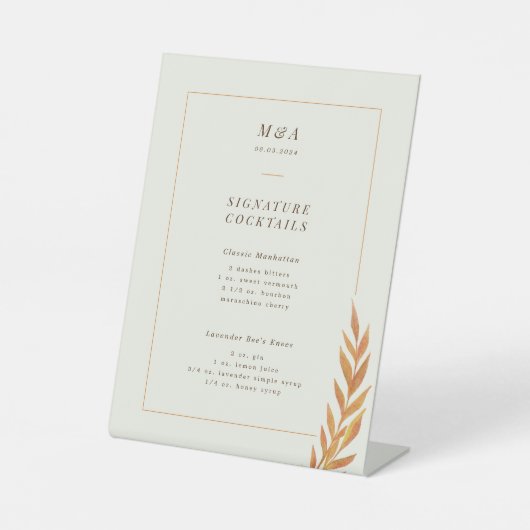 Cocktailmenü der Hochzeit im Herbst Orange Branch Sockelschild (Vorderseite)
