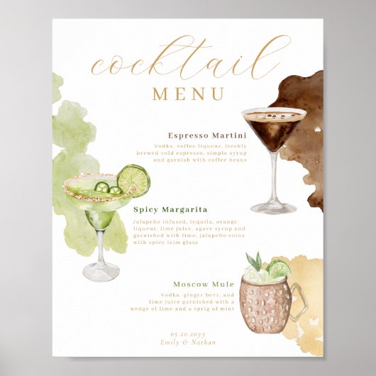 Cocktailmenü Wasserfarbene Speisekarte für Hochzei Poster (Vorne)