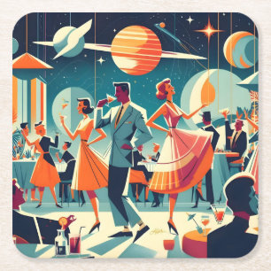 Cocktailparty im Mid-Century Space-Age-Stil Rechteckiger Pappuntersetzer
