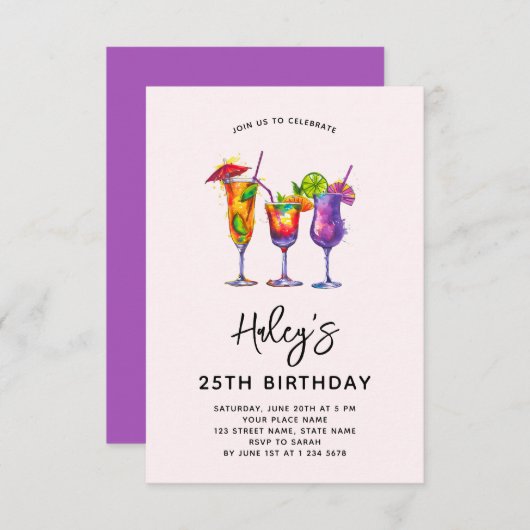 Cocktails 25. Geburtstagsparty Einladung (Vorne/Hinten)