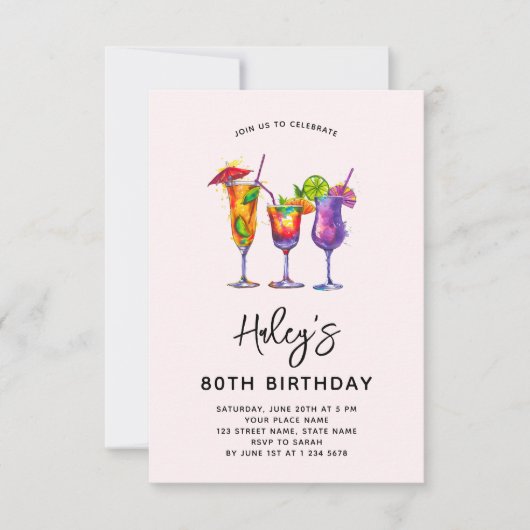 Cocktails 80. Geburtstagsparty Einladung (Vorderseite)