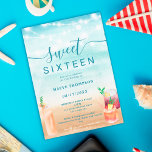 Cocktails an Strandreihen im Sommer süß 16 Einladung<br><div class="desc">Fun Summer String Lichter Drehbuch 16 . Geburtstag Geburtstagsparty auf blauem Meer ombre Farbverlauf Sandstrand Aquarell. Ein lustiges cooles Party-Thema,  ideal für Party,  Grillen,  Gartengarten Party,  Strand und Pool Party mit Aquarellcocktails.</div>
