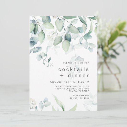 Cocktails and Dinner Party Eucalyptus Botanical Einladung (Stehend Vorderseite)
