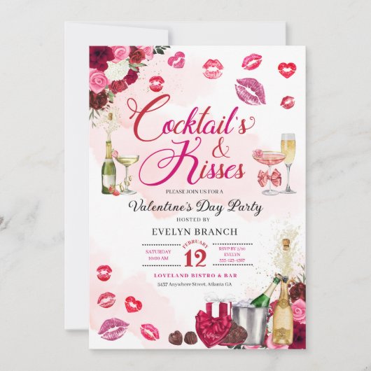 Cocktail's and Kisses Galentine's Day Party Einladung (Vorderseite)