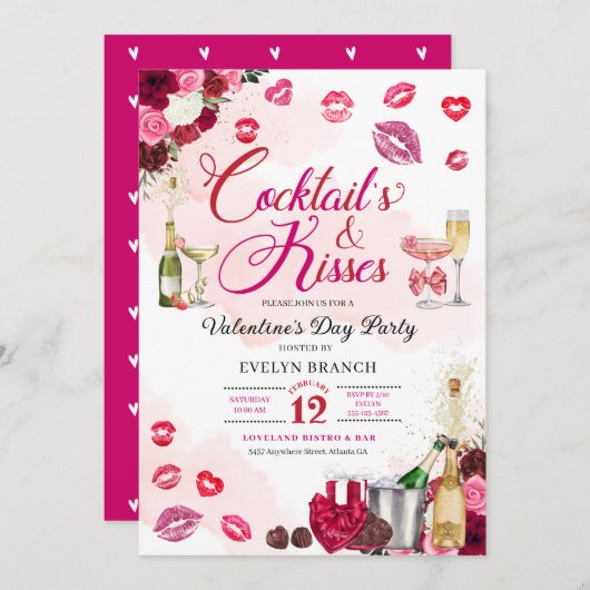 Cocktail's and Kisses Galentine's Day Party Einladung (Vorne/Hinten)